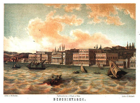 Postcard depicting the shore of Beşiktaş as seen from the Bosphorus. (Thomas Ender, drawn ca. 1850)