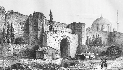 A nineteenth century engraving by Augustin François Lemaître of part of the land walls of Constantinople by the gate of Adrianople
(Source: Skarlatos Byzantios, p. 177).