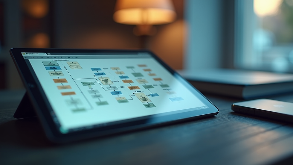 High angle view of a digital workflow diagram on a tablet screen