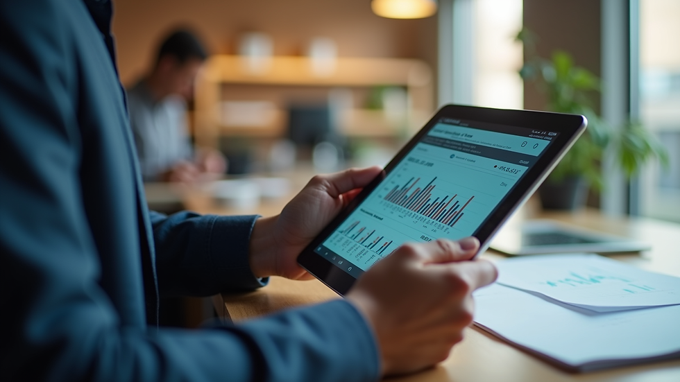 Close-up view of a small business owner reviewing AI-generated sales reports on a tablet