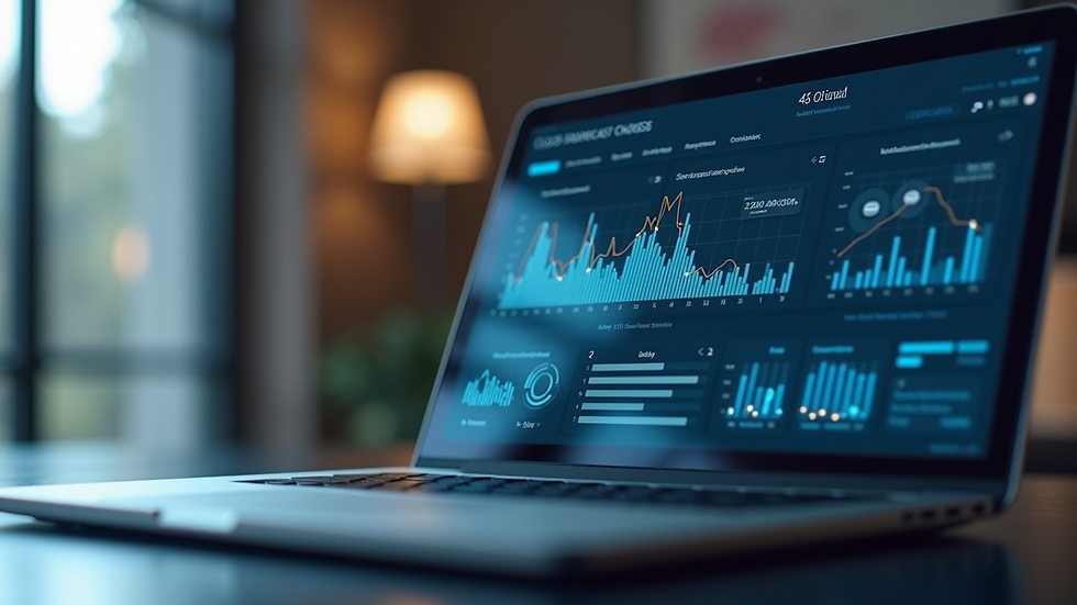 Close-up view of a laptop screen showing cloud service dashboard with graphs and data