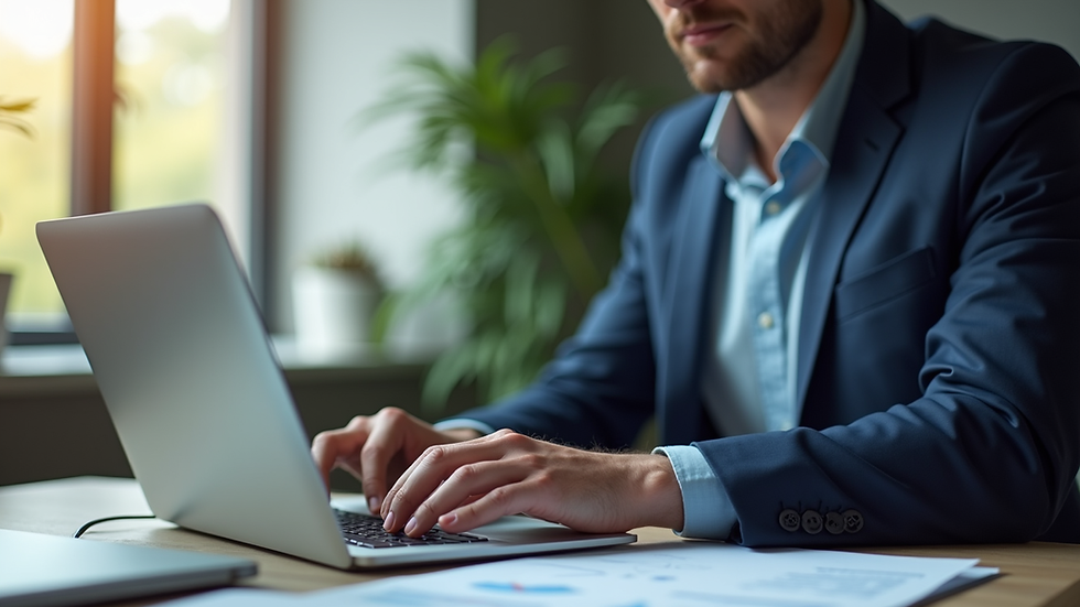 Eye-level view of a small business owner analyzing data on a laptop