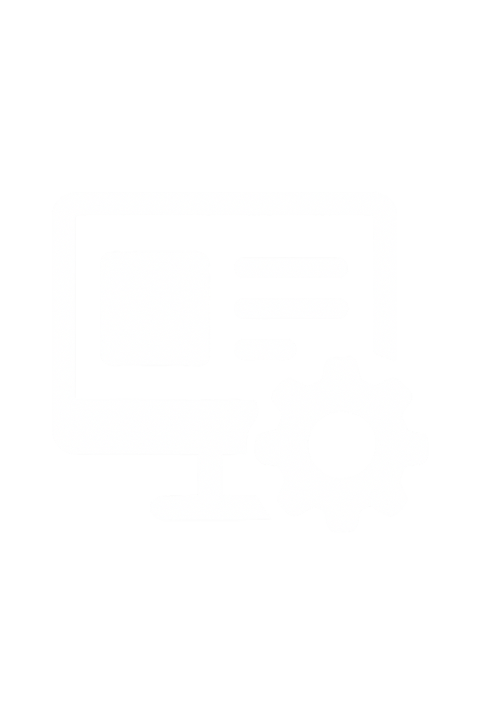 whiite flat vector icon of a computer monitor with an interface displayed on the screen, and a gear symbol partially overlapping the monitor.  transparent background, no outline, size 60×116 px.