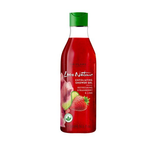 Love Nature Gel de Ducha Exfoliante con Fresa y Lima Refrescante Tamaño Grande