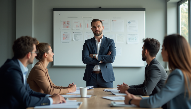 Eye-level view of a leader standing confidently in front of a team during a brainstorming session