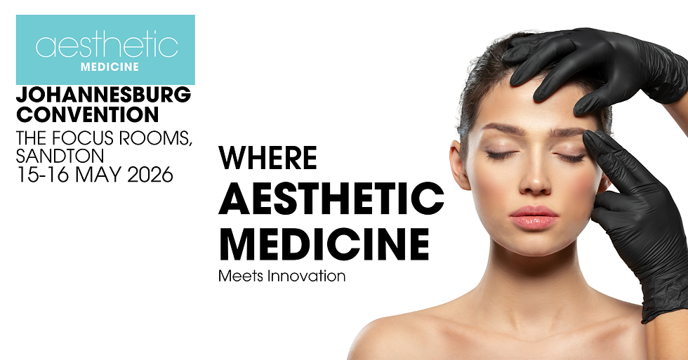 "Model with closed eyes, guided by gloved hands, promotes Johannesburg Aesthetic Medicine Convention, May 2026. Text on left side."