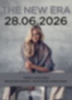 Blonde woman in sheer blouse sits against a gray background. Text: "The New Era 28.06.2026." Mood is serene, professional vibe.