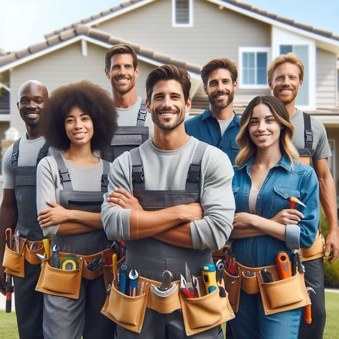 group of sigle-trade workers with tool belts (mixed men and women) smiling confidently and happy at camera