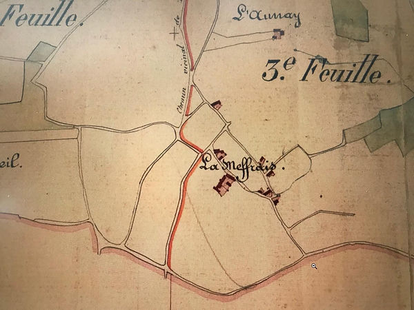 Ancient hand-drawn urban plan showing the historical lands of the Meffrais estate.