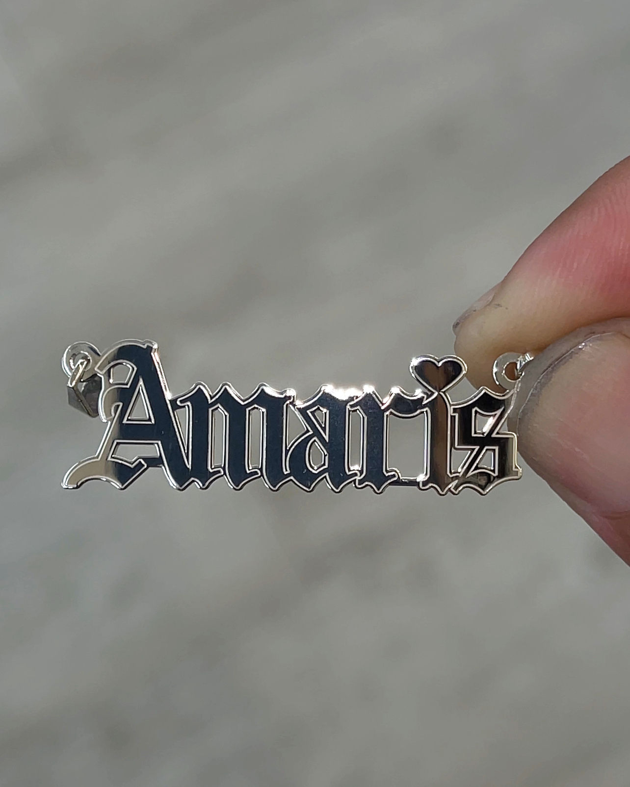 Custom 14k gold Old English name plate pendant 40mm length on model