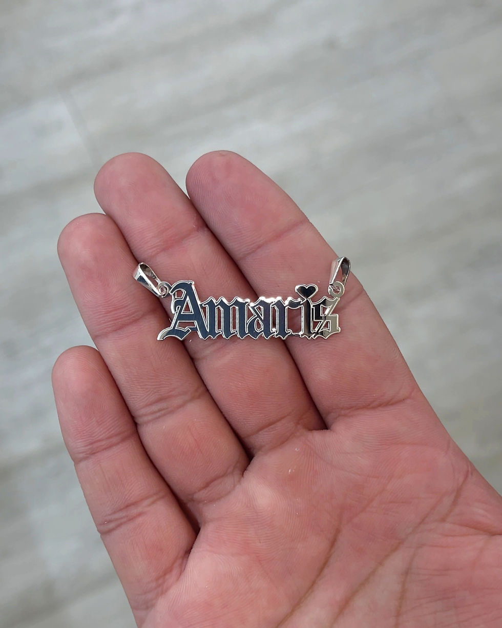 Thumbnail: Custom 14k gold Old English name plate pendant 40mm length on model