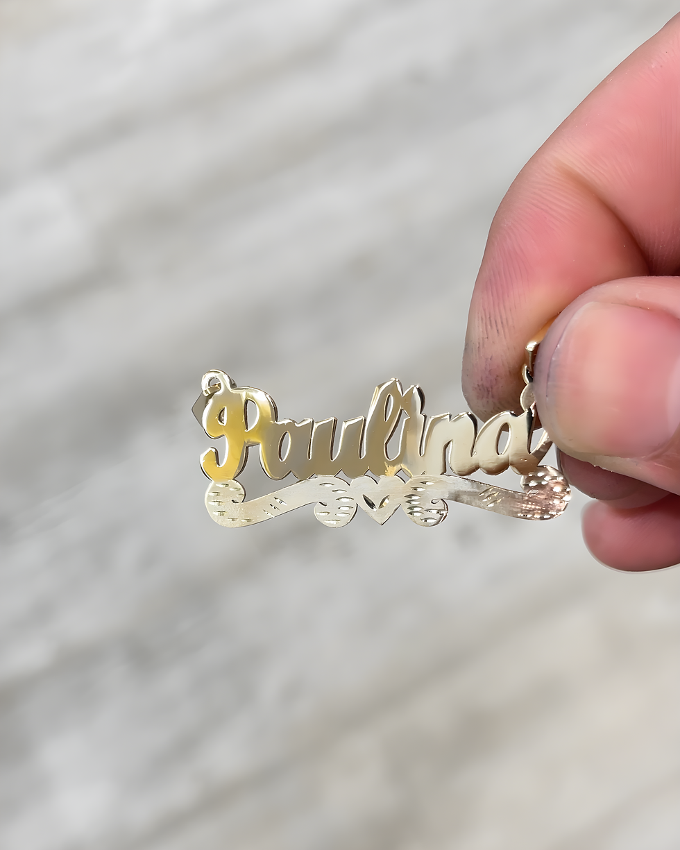 Thumbnail: Retro 14K gold cursive name plate pendant featuring a polished top name and matte satin heart swirl base with diamond-cut