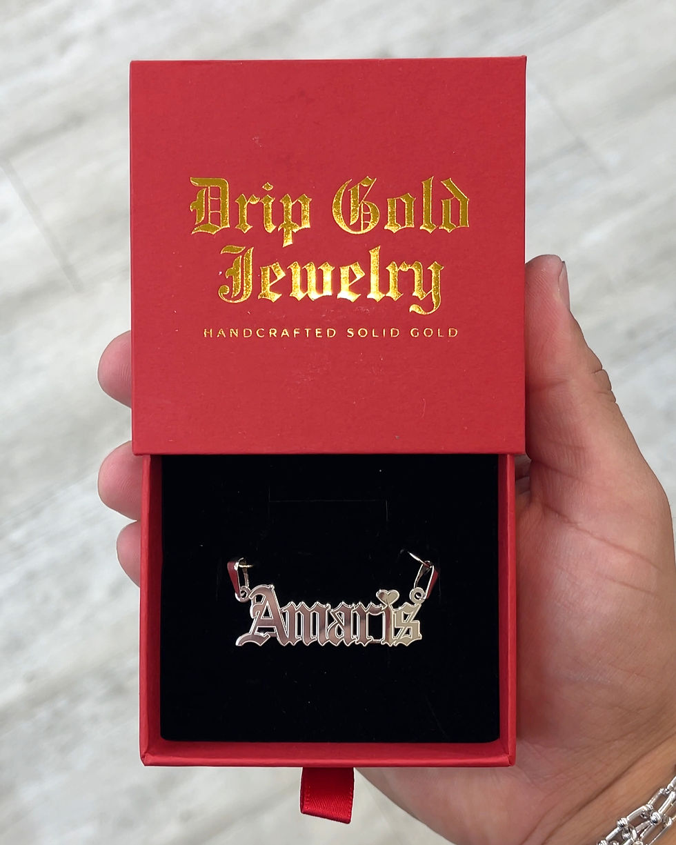 Thumbnail: Custom 14k gold Old English name plate pendant 40mm length on model
