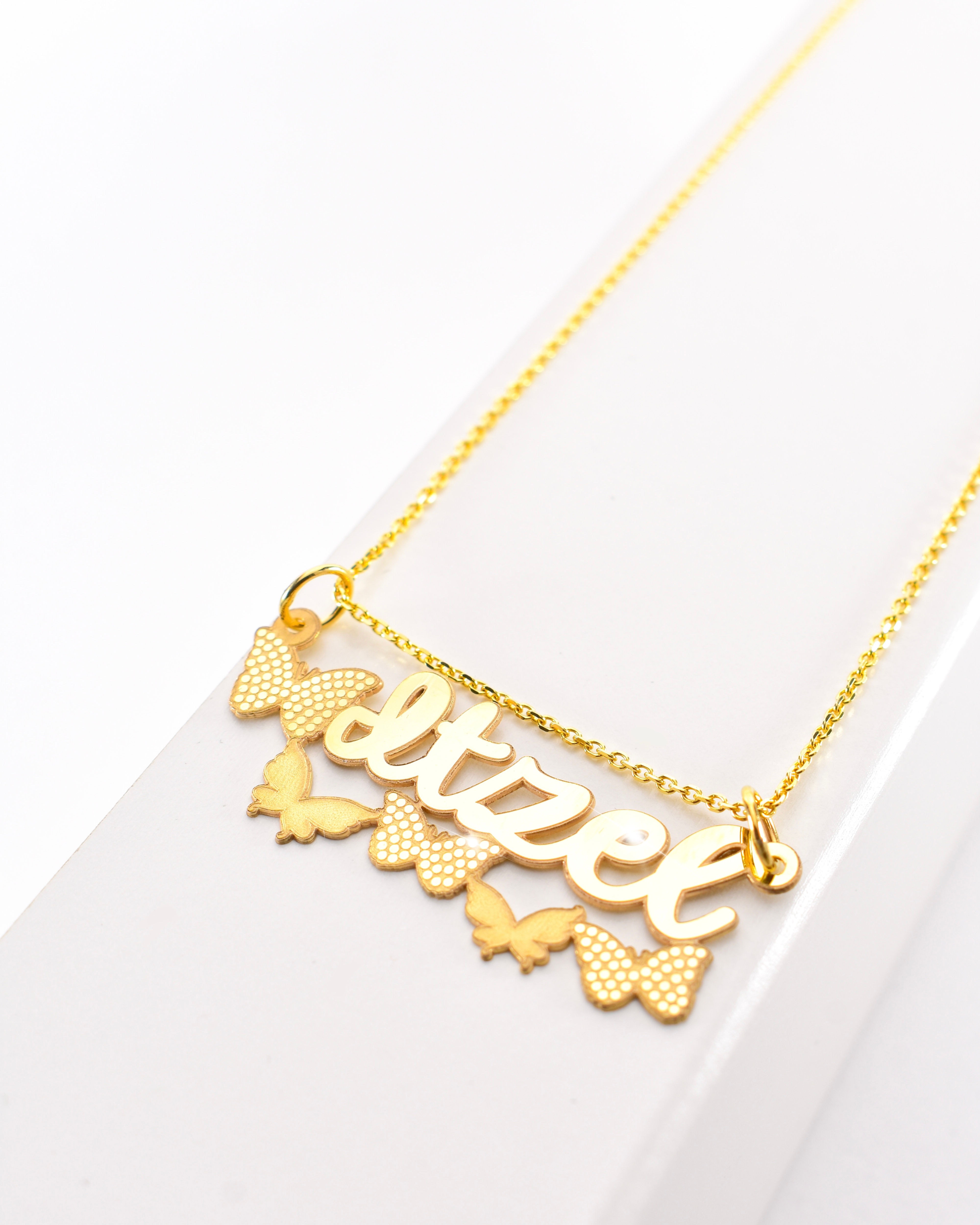 14K Yellow Gold Cursive, Flying Butterflies Nameplate