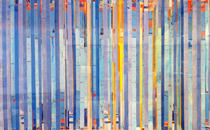 Large artwork featuring vertical stripes in blues and other vibrant colors, art work by Tom Prinz