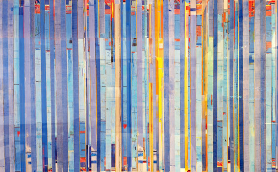 Large artwork featuring vertical stripes in blues and other vibrant colors, art work by Tom Prinz