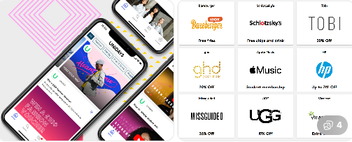Smartphones display an app with shopping deals; brands like Apple Music, HP, UGG offer discounts. Geometric pattern in the background.
