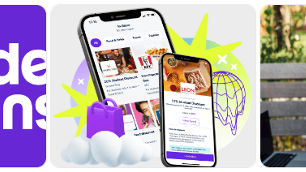 Purple "Student Beans" logo, a phone showing discounts, and a person on a bench holding a chalkboard with "STUDENT DISCOUNTS" text.