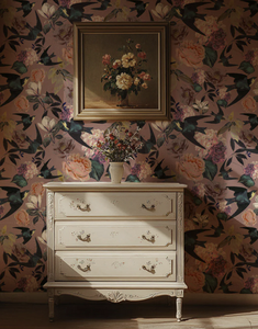 swallows and blooms wallpaper installed violet