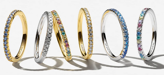 A collection of six colourful rings made by Sif Jakobs.