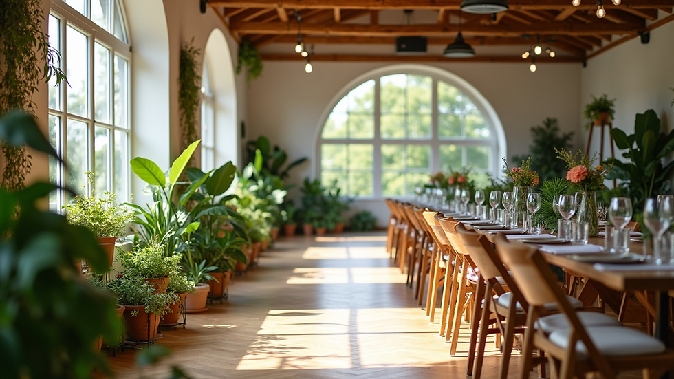 Eye-level view of a beautifully decorated eco-friendly event space with plants and natural decor