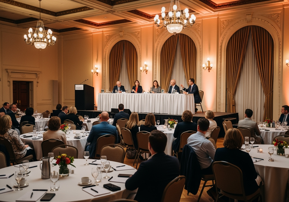 Panel of speakers presenting at professional conference, diverse representation, historical venue setting, round tables with attendees
