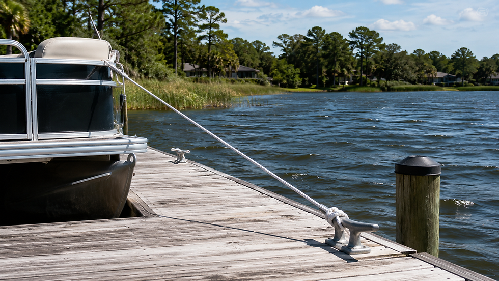 Pontoon boat tied to dock cleats with angled ropes on a breezy Florida lake.
