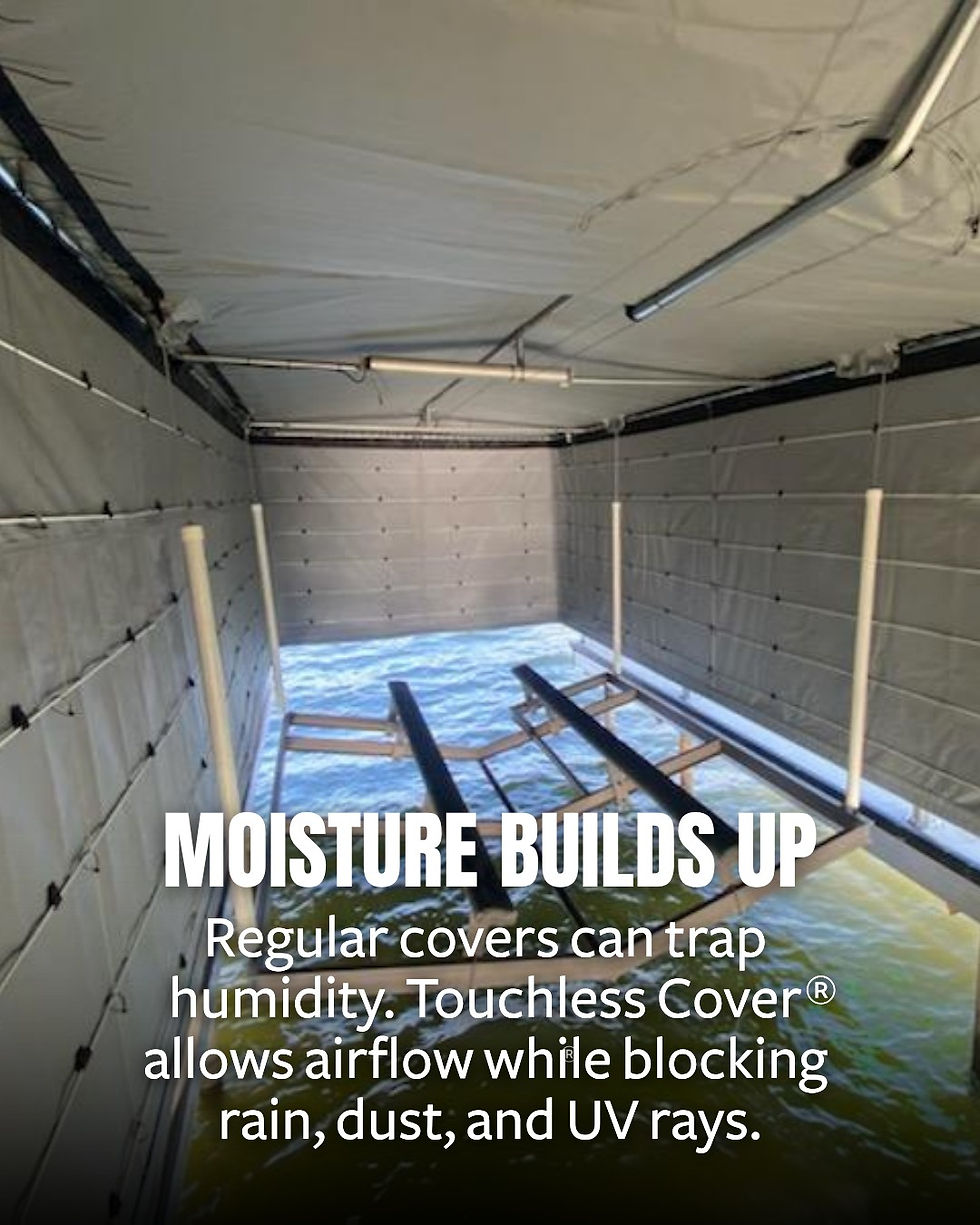 Interior view of a dock lift enclosed by a Touchless Cover® fabric system, designed to block rain, dust, and UV rays while allowing airflow. The structure prevents humidity buildup and protects against mold and mildew during Southern California’s damp winter season.