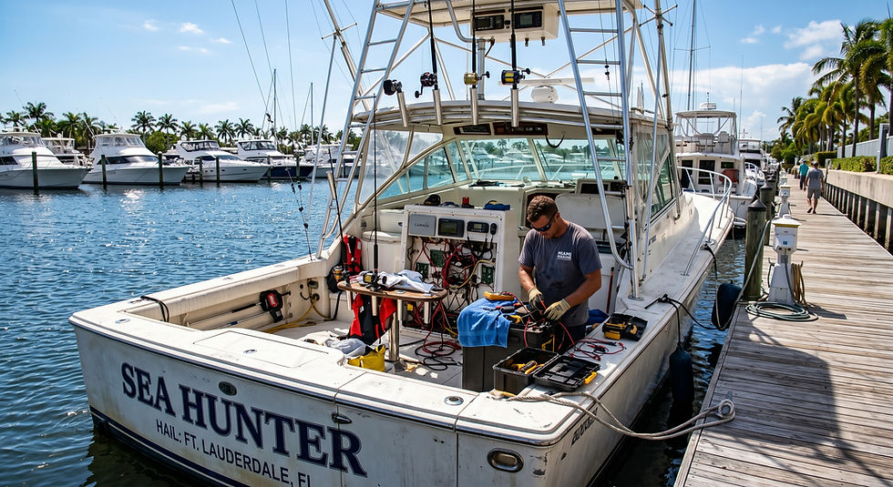 Man works on boat electronics at marina, surrounded by tools. "SEA HUNTER" text on boat. Calm water, blue sky, and palm trees in background.