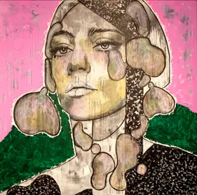 Contemporary painting by Lu Mourelle presented as part of a curated exhibition in Cascais