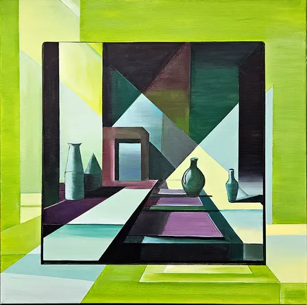 Contemporary artwork by Alice Velea blending human forms, geometric structures, and expressive digital collage aesthetics.