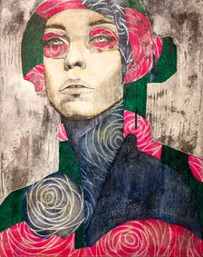 Expressive mixed-media artwork by Lu Mourelle exhibited in Cascais