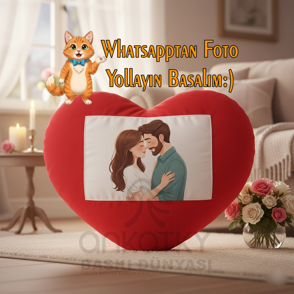 Kişiye Özel Baskılı Kalp Şeklinde Kırmızı Kadife Yastık