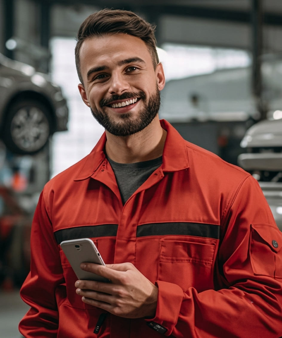 Smiling mechanic in red overalls holding a smartphone.