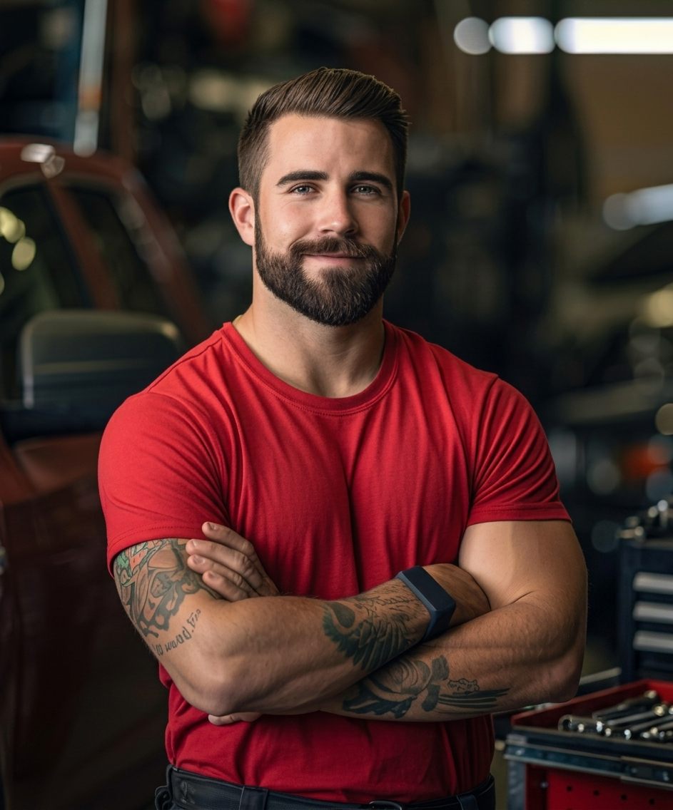 Bearded team member in red shirt with tattooed arms.