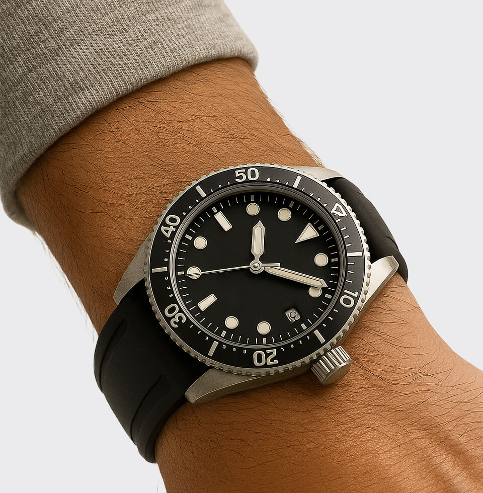 Man's wrist wearing black diver watch