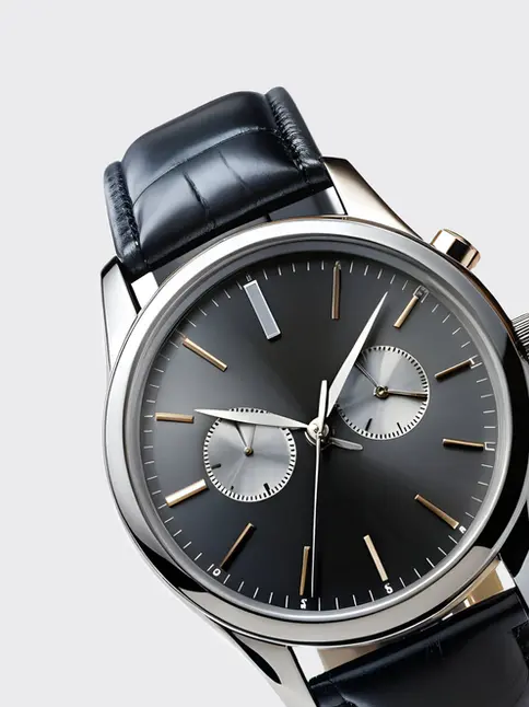 Vintage-inspired watch with dark dial and black leather strap