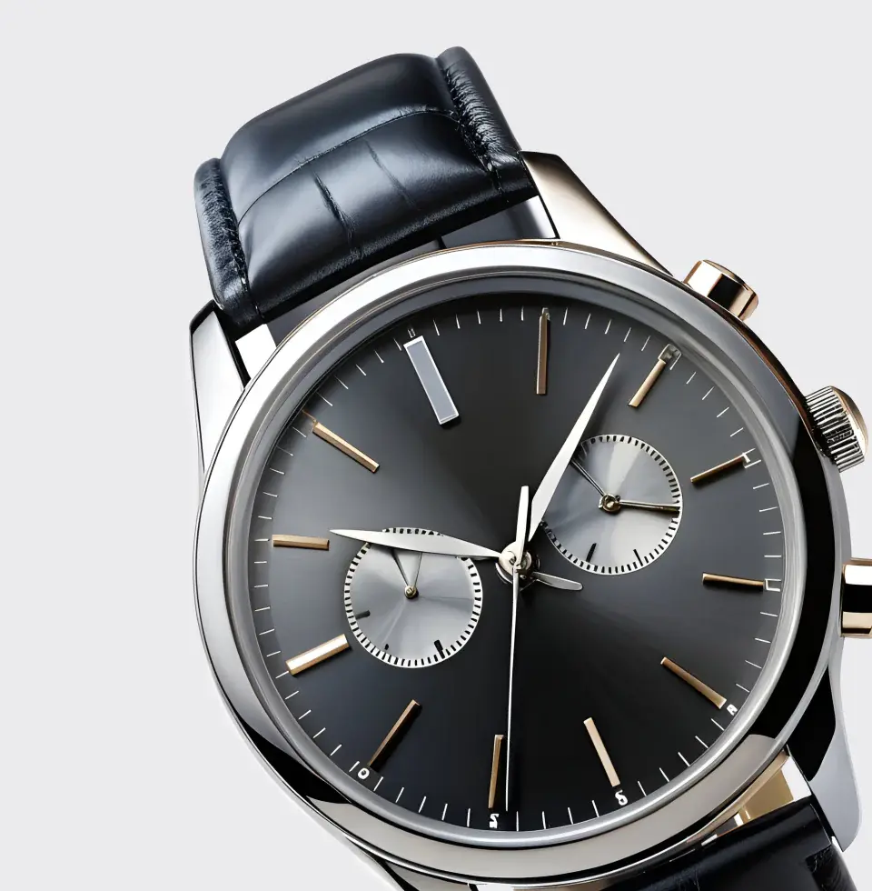 Men's silver-tone watch with black dial and leather strap