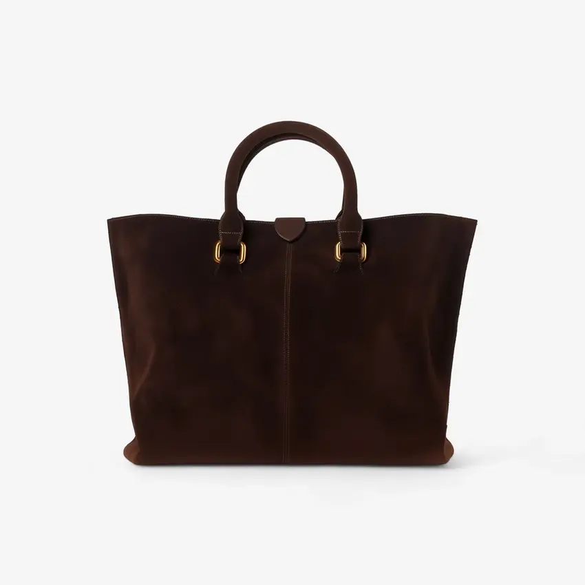 Dark brown tote bag with handles. Daily Essentials Bag, minimalist design.