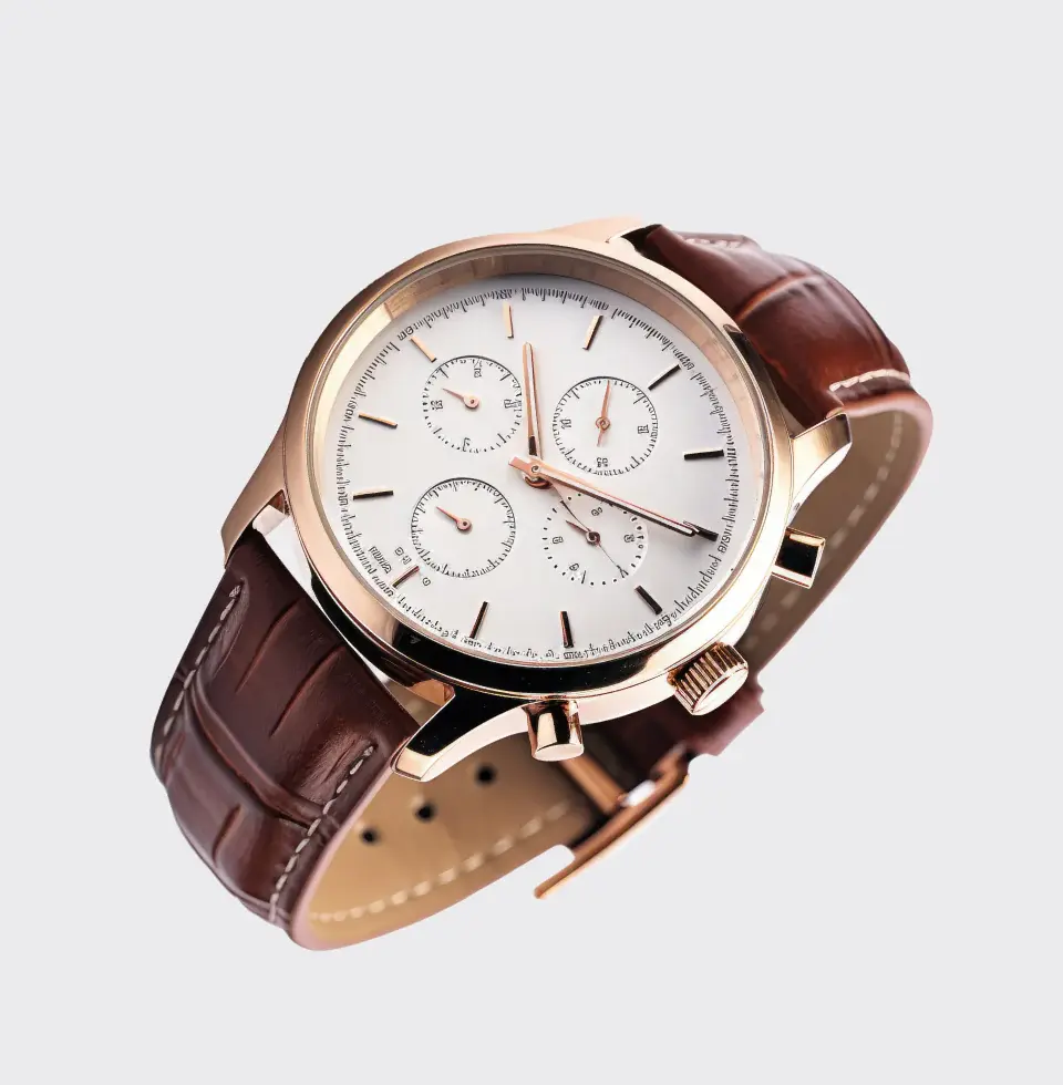 Rose Gold Crystal Watch with a brown leather strap