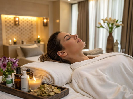 Woman relaxing in a spa with candles and aromatherapy.