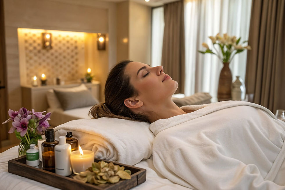Woman in white robe relaxing during a spa treatment