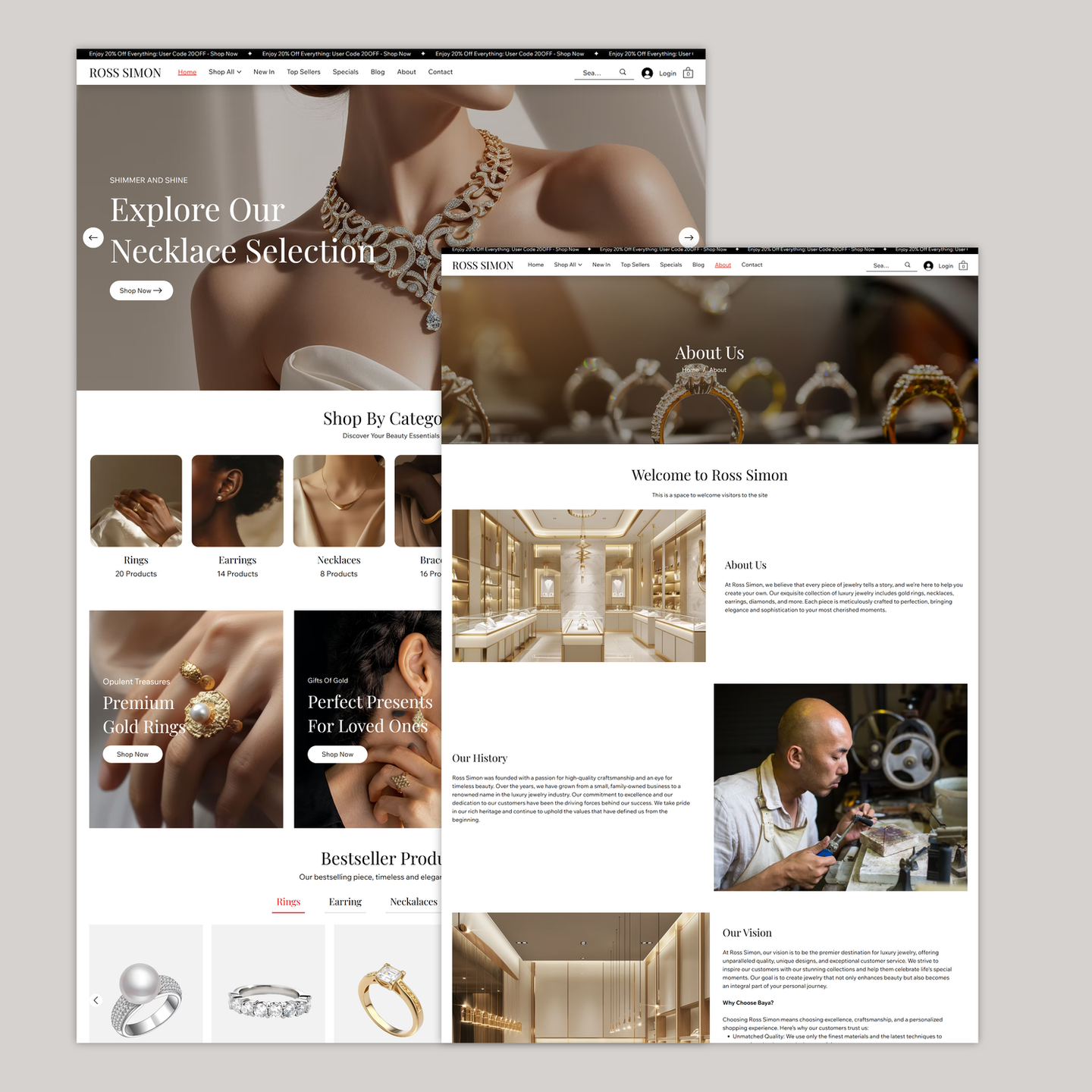 Elegant jewelry website design showcasing necklaces, rings, and expert craftsmanship.