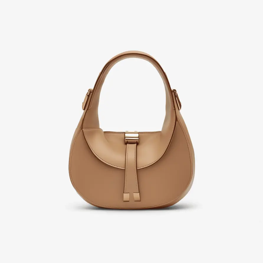 Tan leather handbag with buckle. Stylish Daily Essentials Bag. Perfect everyday accessory.