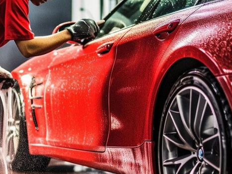 Professional washing a red luxury car at a car wash.