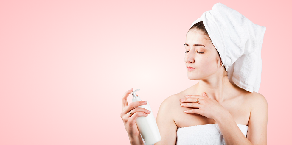 Woman applying lotion after bath with a white towel and Cerla Beauty
