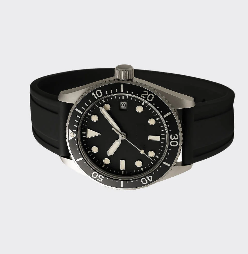 Silver watch with black dial and strap