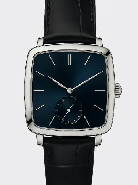 Vintage-inspired square watch, blue dial, black strap