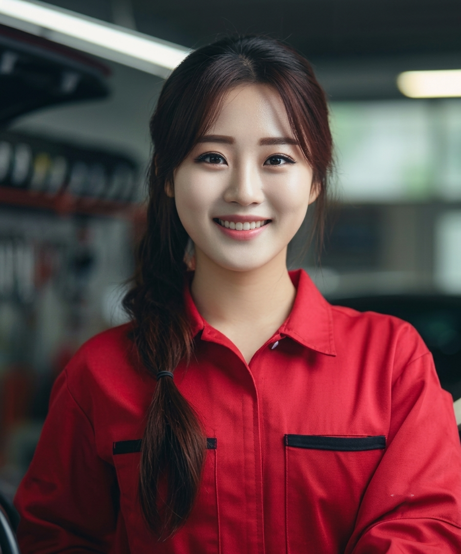 Smiling female mechanic in a red jumpsuit