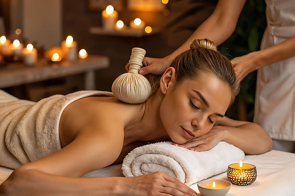 Woman receiving a herbal compress massage in a dim spa.